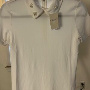 Carmen Marc Valvo Cream Pearl-Embellished Button Down Shirt